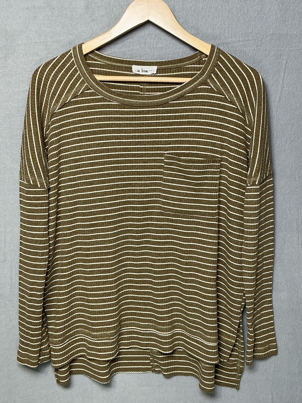In Loom Women’s Long Sleeve S Olive Stripe Ribbed Oversized Pocket Top